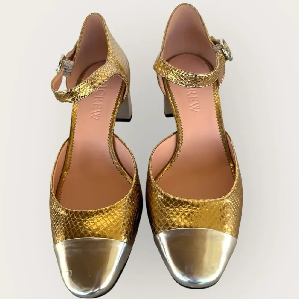 J. Crew Ankle Strap Heels Shoes Snake Embossed Leather Womens 8 Gold Silver